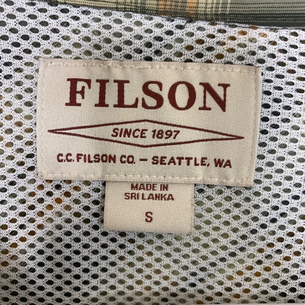 Filson Fishing Shirt Mens Small Twin Lakes Green Gold Plaid Lightweight Vented - Picture 3 of 11